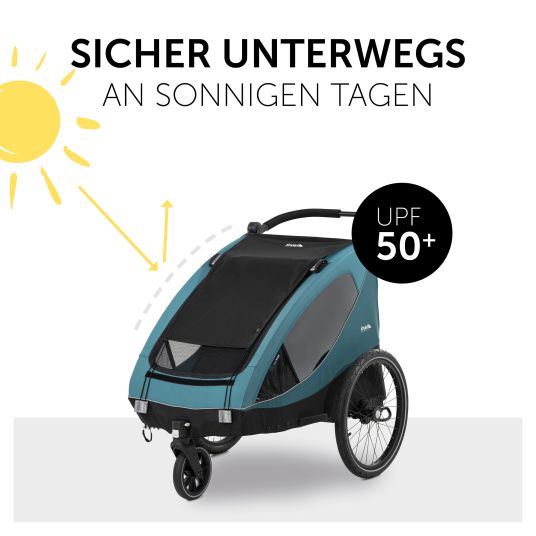 Hauck Fahrradanhänger Sparset Dryk Duo für 2 Kinder (bis 44 kg) - Bike Trailer & City Buggy - inkl. Babysitz Lounger & Schutzpaket - Petrol