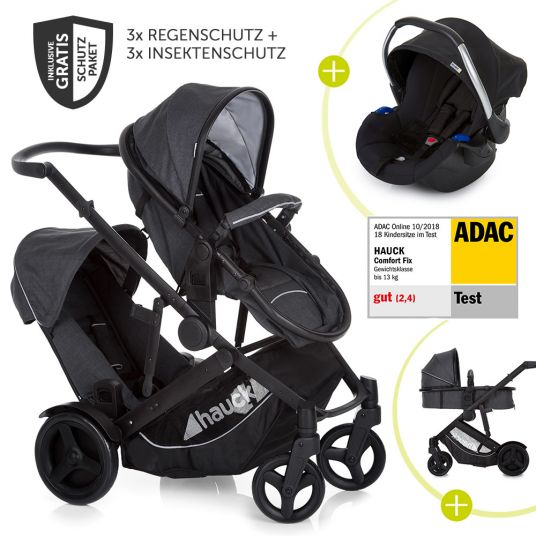 Hauck Duett 3 Sibling & Twin Stroller - Includes Carrycot, Comfort Fix Car Seat & Accessory Pack - Melange Charcoal