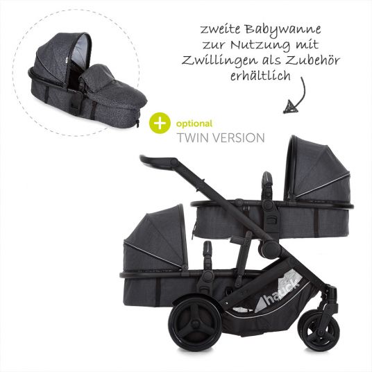 Hauck Geschwister- & Zwillingskinderwagen Duett 3 - inkl. Babywanne, Babyschale Comfort Fix & Zubehörpaket - Melange Charcoal