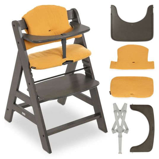 Hauck High chair Alpha Charcoal Selectline - in economy set incl. wooden dining board and seat cushion Muslin Honey