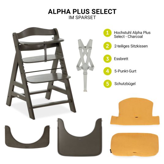 Hauck High chair Alpha Charcoal Selectline - in economy set incl. wooden dining board and seat cushion Muslin Honey