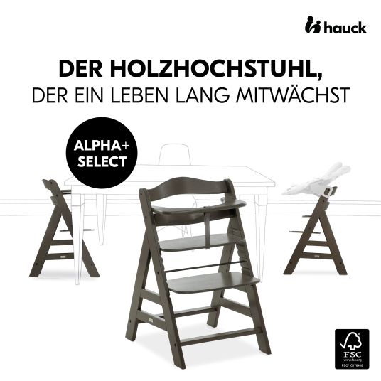 Hauck High chair Alpha Charcoal Selectline - in economy set incl. wooden dining board and seat cushion Muslin Honey