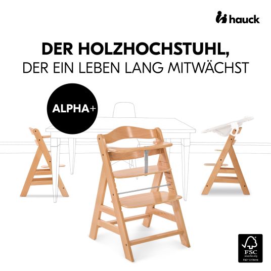 Hauck Hochstuhl Alpha Natur - im Sparset inkl. Holz-Essbrett und Sitzkissen Nordic Grey