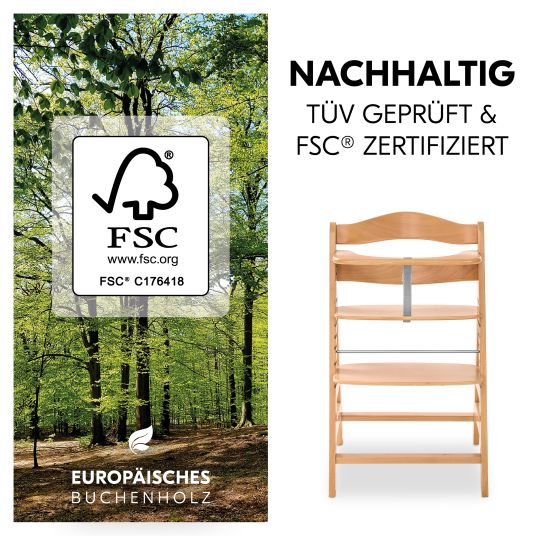 Hauck Hochstuhl Alpha Natur - im Sparset inkl. Holz-Essbrett und Sitzkissen Nordic Grey