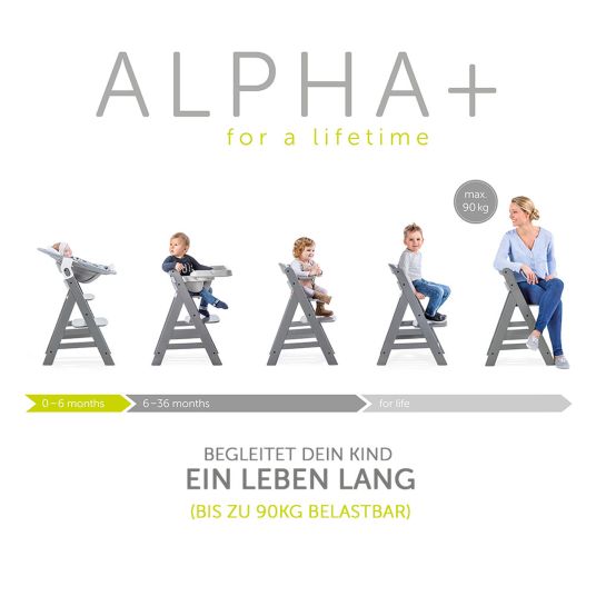 Hauck Hochstuhl Alpha Plus Charcoal im Sparset inkl. Sitzkissen und Click Tray Essbrett