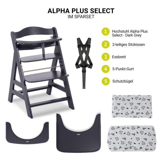 Hauck Alpha Plus Dark Grey Select high chair - in economy set incl. wooden dining board and seat cushion - Nordic Grey