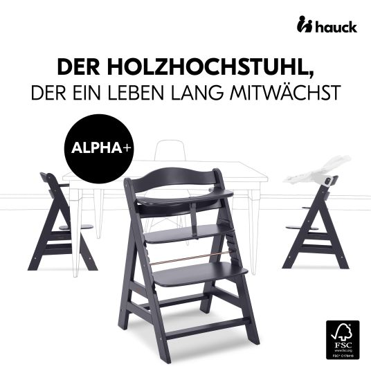 Hauck Alpha Plus Dark Grey Select high chair - in economy set incl. wooden dining board and seat cushion - Nordic Grey