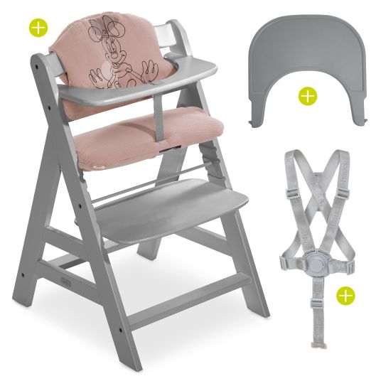 Hauck Highchair Alpha Plus Grey - in a savings set incl. dining board Click Tray + seat cushion Minnie Mouse Rose
