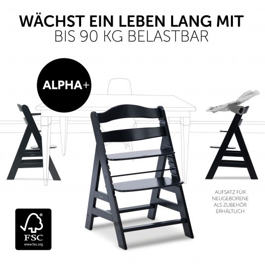 Hauck Hochstuhl Alpha Plus - inkl. 5-Punkt-Gurt und Schutzbügel (mitwachsed & höhenverstellbar) - Black
