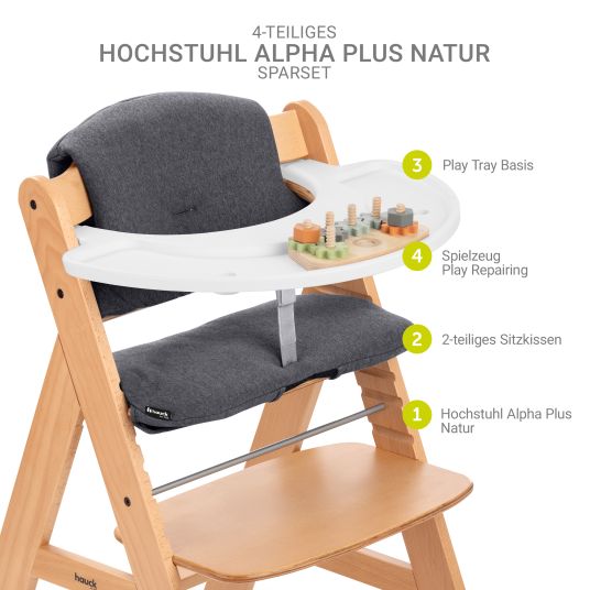 Hauck Seggiolone naturale Alpha Plus in set economico - incluso cuscino di seduta + base Play Tray + gioco di riparazione con ruote dentate e dadi