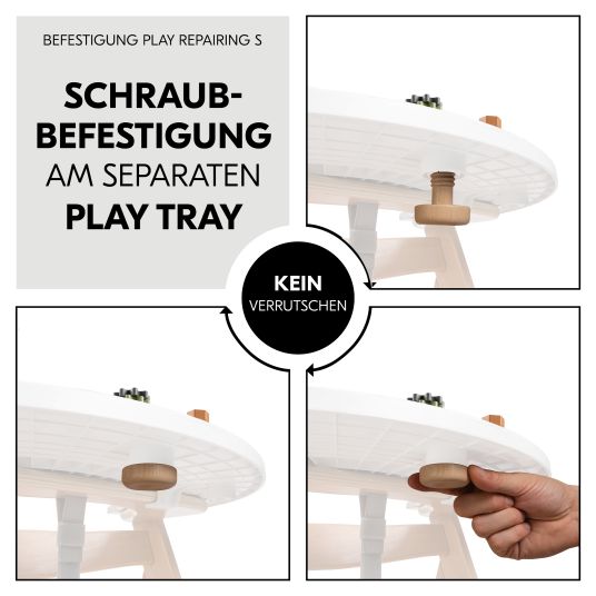 Hauck Hochstuhl Alpha Plus Natur im Sparset - inkl. Sitzkissen + Play Tray Basis + Spielzeug Play Repairing mit Zahnrädern & Muttern
