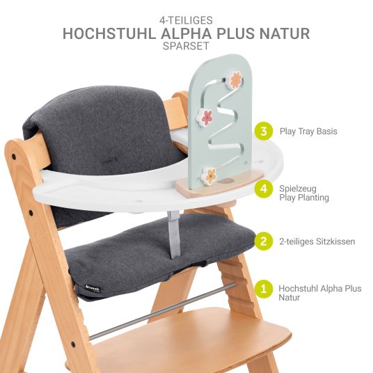 Hauck Seggiolone naturale Alpha Plus in un set risparmio - incluso cuscino per la seduta + base Play Tray + giocattolo Play Planting con lavagna per la motricità dei fiori