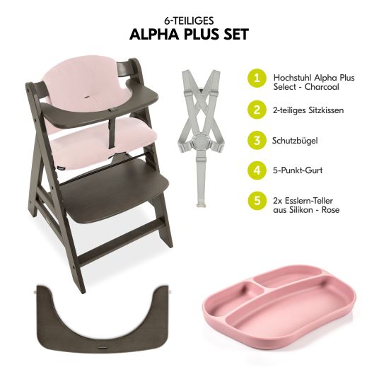 Hauck Seggiolone Alpha Plus Select Charcoal - in un set risparmio che include cuscino di seduta in mussola Mineral Rose + 2 piastre in silicone