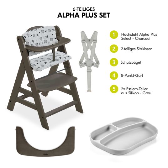 Hauck Alpha Plus Select Charcoal high chair - in a savings set incl. Nordic Grey seat cushion + 2 silicone plates