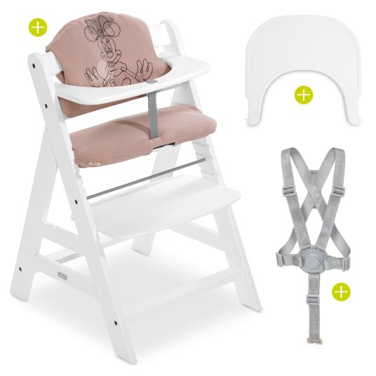 Hauck Highchair Alpha Plus White - in a savings set incl. dining board Click Tray + seat cushion Minnie Mouse Rose