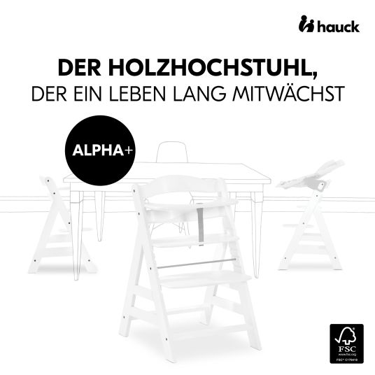 Hauck Alpha Plus White high chair - in a savings set incl. Click Tray dining board + Nordic Grey seat cushion