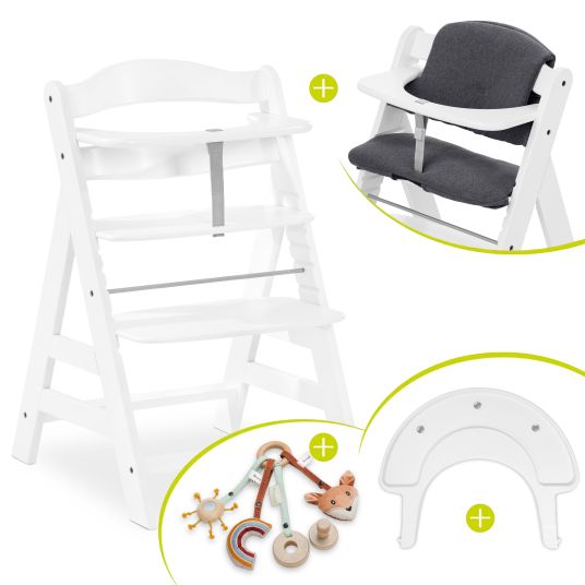 Hauck Alpha Plus White high chair in economy set - incl. seat cushion + Play Tray base + Play Catching play ring with 3 fabric figures