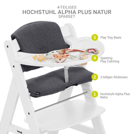 Hauck Seggiolone Alpha Plus bianco in set economico - incluso cuscino di seduta + base Play Tray + anello Play Catching con 3 figure in tessuto