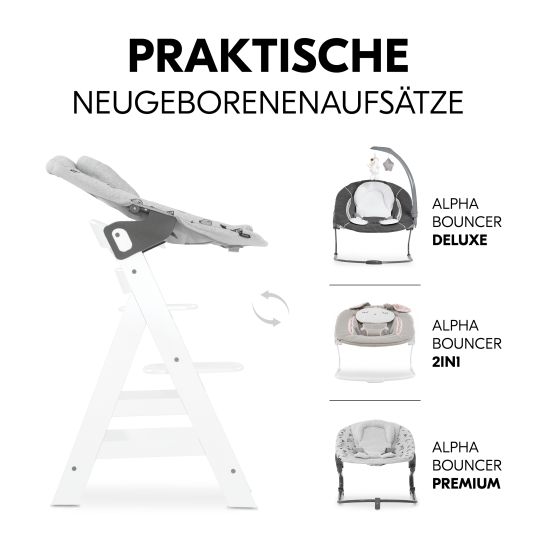 Hauck Hochstuhl Alpha Plus White im Sparset - inkl. Sitzkissen + Play Tray Basis + Spielring Play Catching mit 3 Stoff-Figuren