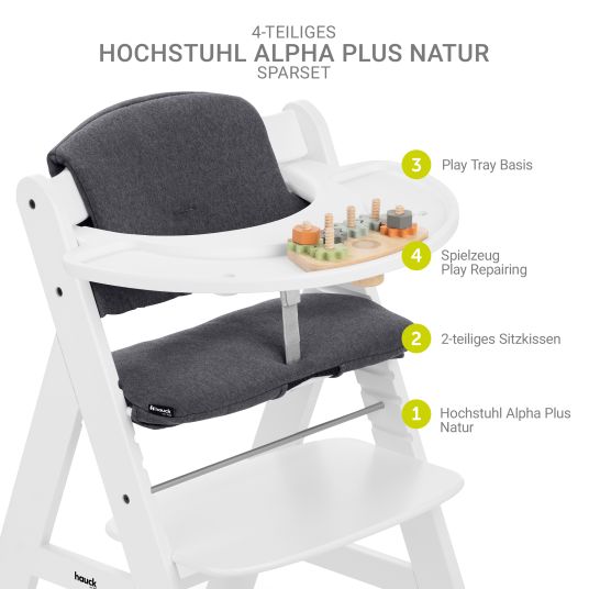 Hauck Seggiolone Alpha Plus bianco in set economico - incluso cuscino per seduta + base Play Tray + gioco di riparazione con ruote dentate e dadi