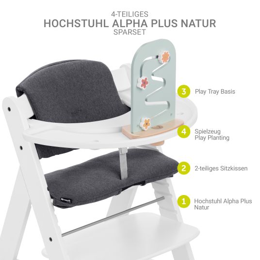 Hauck Seggiolone Alpha Plus White in set economico - incluso cuscino per la seduta + base Play Tray + giocattolo Play Planting con lavagna per attività motoria Flowers