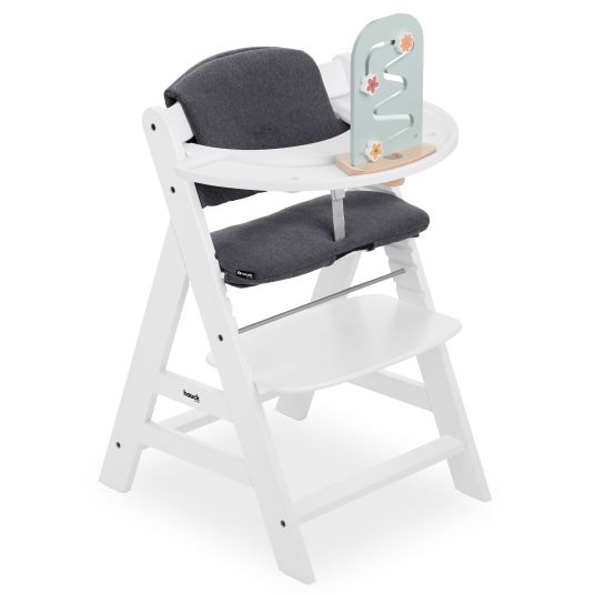 Hauck Alpha Plus White high chair in economy set - incl. seat cushion + Play Tray base + Play Planting toy with Flowers motor activity board