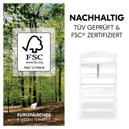 Hauck Hochstuhl Alpha Plus White im Sparset - inkl. Sitzkissen + Play Tray Basis + Spielzeug Play Planting mit Motorikbrett Flowers