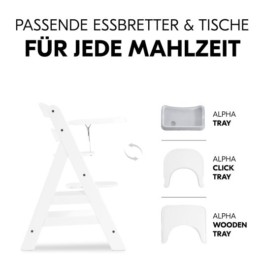 Hauck Hochstuhl Alpha Plus White im Sparset - inkl. Sitzkissen + Play Tray Basis + Spielzeug Play Planting mit Motorikbrett Flowers
