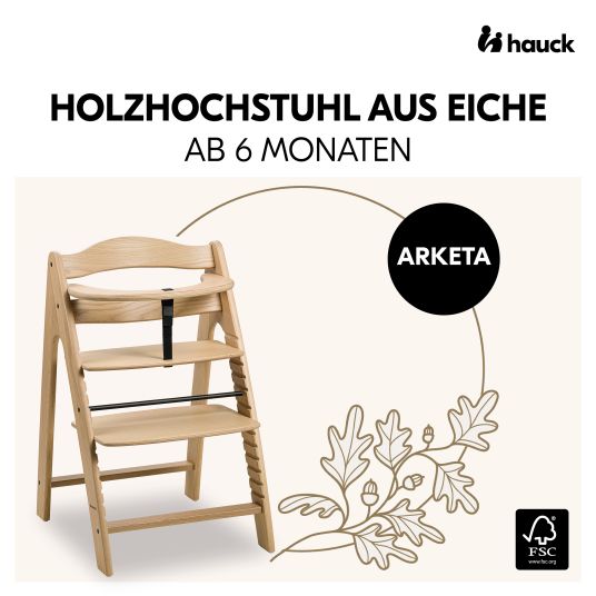 Hauck Seggiolone Arketa (cresce con il bambino, incluso sistema di cinture, certificato FSC) - rovere (legno massiccio)