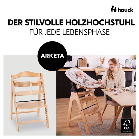 Hauck Arketa high chair (grows with the child, incl. harness system, solid wood FSC certified) - Beech