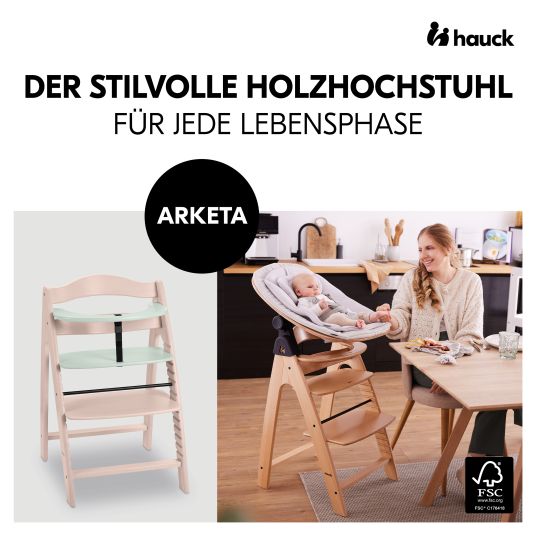 Hauck Arketa high chair (grows with the child, incl. harness system, solid wood FSC certified) - Beech Whitewashed Mint