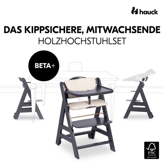 Hauck Hochstuhl Beta Plus inkl. Essbrett, Sitzkissen und Rollen - Dark Grey