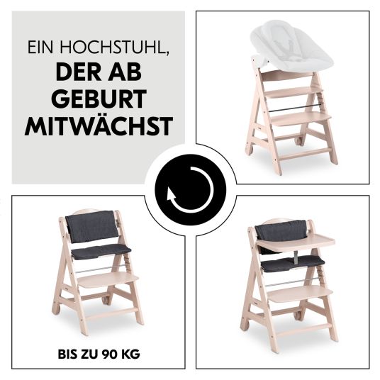 Hauck Hochstuhl Beta Plus inkl. Essbrett, Sitzkissen und Rollen - Whitewashed