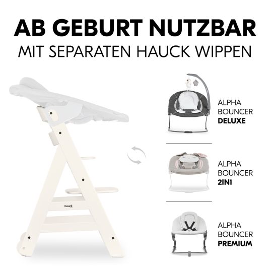 Hauck Hochstuhl Beta Plus White inkl. Essbrett, Sitzkissen und Rollen - Weiß