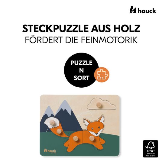 Hauck Wooden jigsaw puzzle for baby (from 1 year) - Fox / Fuchs - Puzzle N Sort