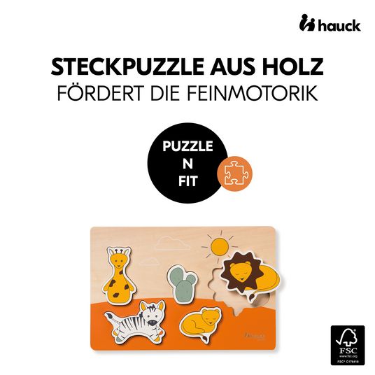 Hauck Wooden jigsaw puzzle for baby (from 1 year) - Safari - Puzzle N Fit