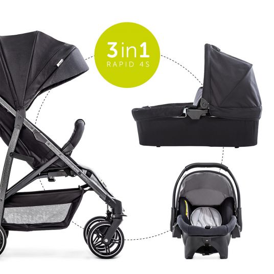 Hauck Pram set Rapid 4S Plus Trioset with baby bath, car seat and pushchair (up to 25 kg) - Caviar Silver