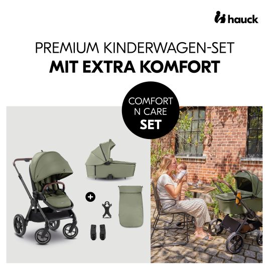 Hauck Kombi-Kinderwagen Comfort N Care Set - inkl. Babywanne, Sportsitz, Beindecke und Getränkehalter - Olive