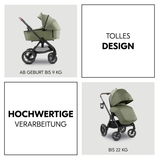 Hauck Kombi-Kinderwagen Comfort N Care Set - inkl. Babywanne, Sportsitz, Beindecke und Getränkehalter - Olive