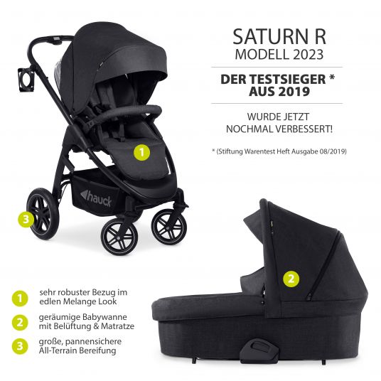 Hauck Kombi-Kinderwagen Saturn R Duoset inkl. Babywanne und Sportsitz (bis 25 kg belastbar) - Melange Black