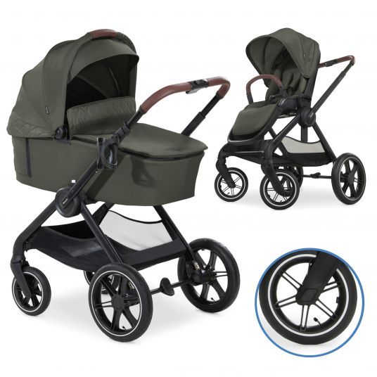 Hauck Walk N Care Air Set (with pneumatic tires) incl. carrycot, sport seat, leg cover and cup holder (max. load 22kg) - Dark Olive