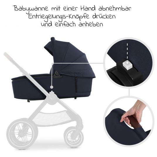 Hauck Walk N Care Combi Stroller Set incl. Carrycot, Sport Seat, Leg Cover and Cup Holder (up to 22kg load capacity) - Dark Blue