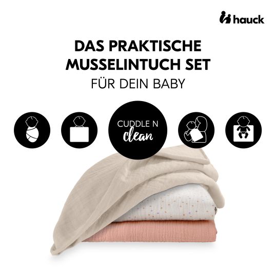 Hauck Mullwindeln / Mulltücher / Spucktücher Cuddle N Clean - 3er Set 80 x 80 cm - Beige Dots / Cork / Beige