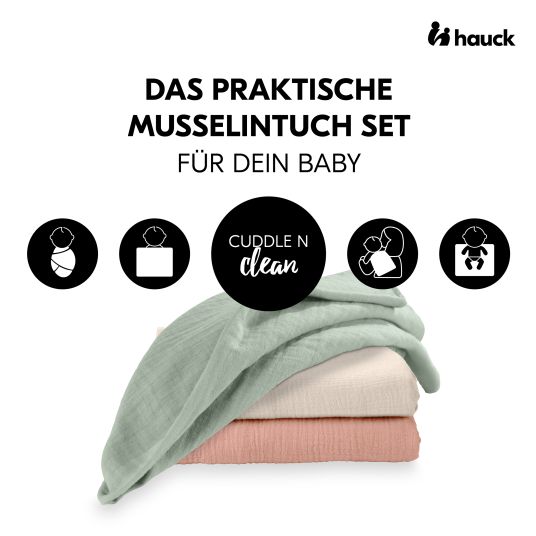 Hauck Mullwindeln / Mulltücher / Spucktücher Cuddle N Clean - 3er Set 80 x 80 cm - Sage / Beige / Cork