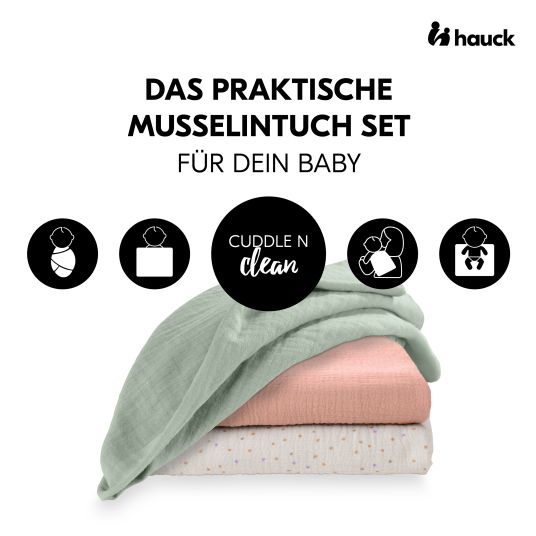 Hauck Mullwindeln / Mulltücher / Spucktücher Cuddle N Clean - 3er Set 80 x 80 cm - Sage / Beige Dots / Cork