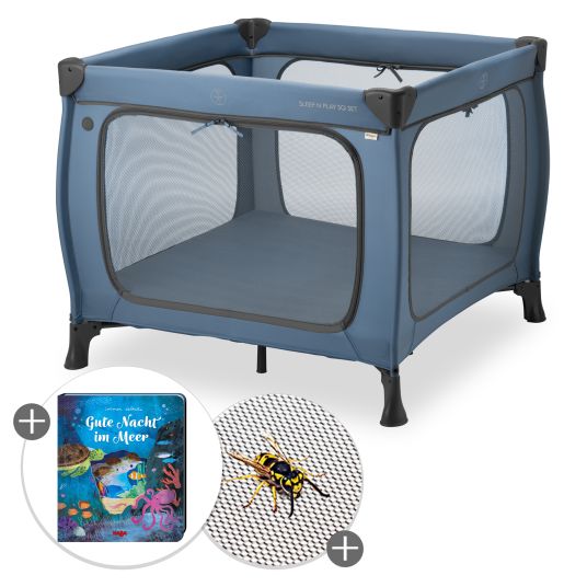 Hauck Reisebett & Laufgitter Sleep N Play SQ Set mit Komfort-Matratze + Insektenschutz + Buch "Gute Nacht im Meer" - Dark Blue