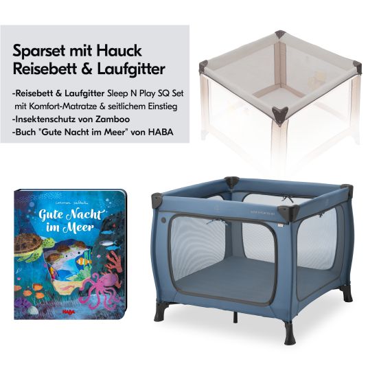 Hauck Reisebett & Laufgitter Sleep N Play SQ Set mit Komfort-Matratze + Insektenschutz + Buch "Gute Nacht im Meer" - Dark Blue