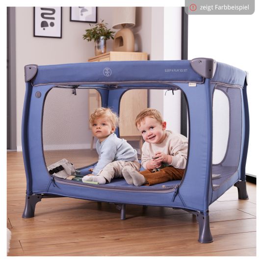 Hauck Travel cot & playpen Sleep N Play SQ Set with comfort mattress + insect screen + book "Good night in the sea" - Dark Blue