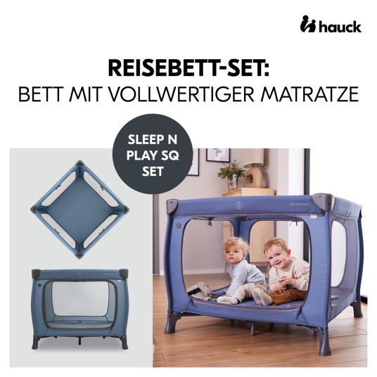 Hauck Set lettino da viaggio e box Sleep N Play SQ con materasso comfort + zanzariera + libro "Buona notte al mare" - Blu scuro