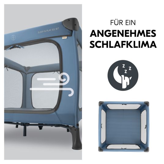 Hauck Reisebett & Laufgitter Sleep N Play SQ Set mit Komfort-Matratze + Insektenschutz + Buch "Gute Nacht im Meer" - Dark Blue